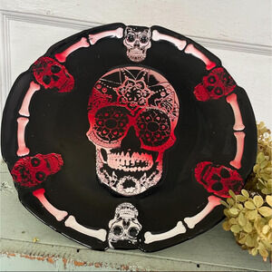 Halloween Glass Plate Skull & Bones Skeleton Round Platter Day of the Dead AKCAM